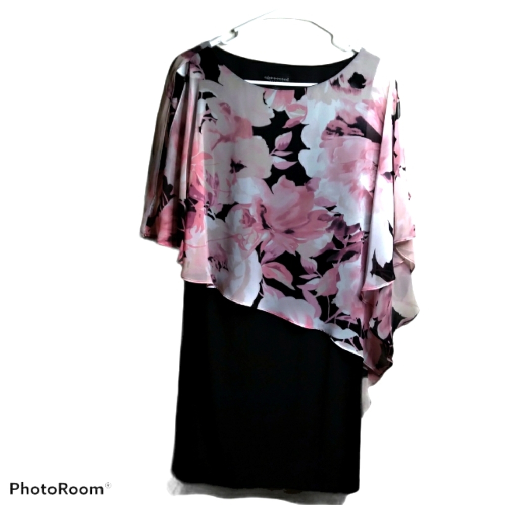 Black sheath dress with floral shear cape black, pink & white.